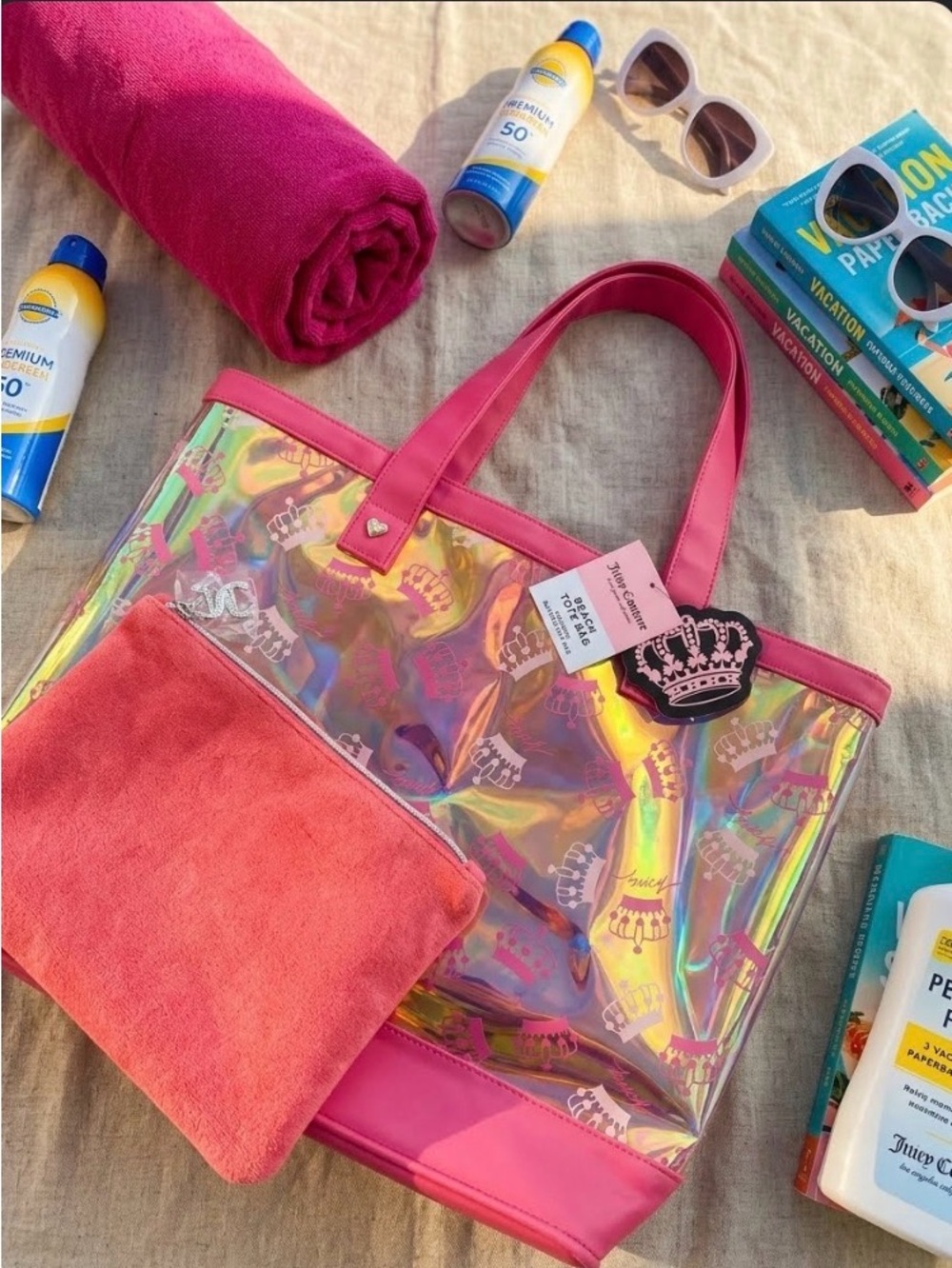 ✨ BRAND NEW WITH TAGS (NWT) Juicy Couture Iridescent Pink Beach Tote Set ✨